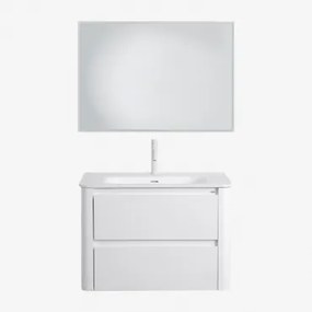 Conjunto De Móvel De Casa De Banho Suspenso 80x50 Cm Em Madeira Com Lavatório Integrado Egerton Branco & Led Retangular E Anti-embaciamento - Sklum