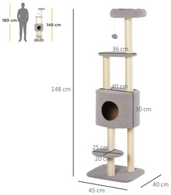 Arranhador para Gatos Altura 148 cm Arranhador para Gatos com Postes de Sisal 3 Plataformas Casa e Bola Suspensa Cinza