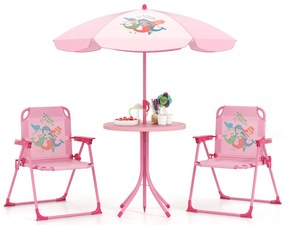 Conjunto de piquenique para crianças 3-6 anos Mesa de atividades ao ar livre com 2 cadeiras dobráveis e guarda-sol ajustável em altura Rosa