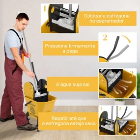Balde de Esfregona com Rodas Espremedor Desmontável de Pressão para Baixo Capacidade 26 L Inclui Esfregona e Asa 45x31x90 cm  Amarelo