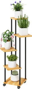 Suporte para plantas de 5 níveis para interior e exterior, prateleira para plantas com 4 rodas em aço e madeira natural