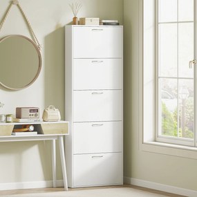 Sapateieira com capacidade para 15 pares, armário para sapatos moderno e estreito com 5 gavetas rebatíveis, 65 x 17 x 180,5 cm, branco