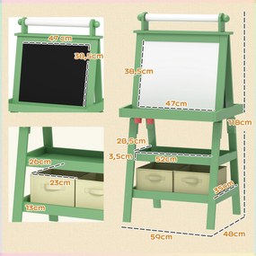Cavalete de Pintura Infantil 3 em 1 Quadro Dupla Face com Rolo de Papel e Cestos de Arrumação Verde