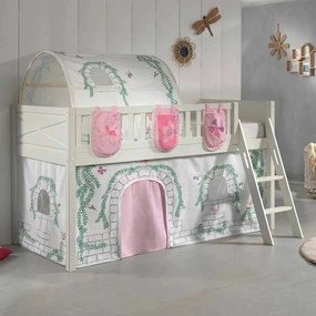 Conjunto cama alta Infantil SCOTT + cortina de brincar BIRDY + Túnel + 3 bolsos de arrumação Branca