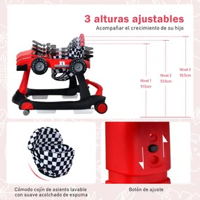 Andador 4 em 1 para crianças, dobrável, atividade de empurrar, com altura ajustável e carrilhão de velocidade com luzes, volante Vermelho