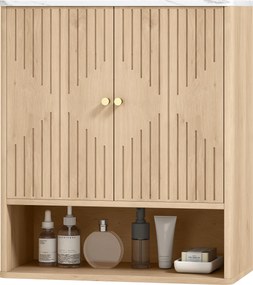 Armário de parede para casa de banho 60 x 18 x 70 cm, móvel de arrumação com compartimento aberto e prateleira ajustável, em cor carvalho