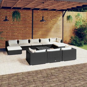 vidaXL 11 pcs conjunto lounge de jardim c/ almofadões vime PE preto