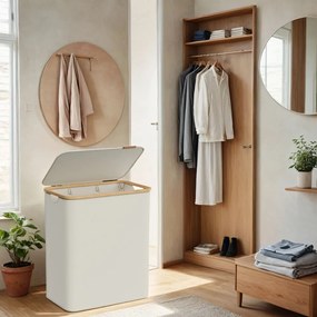 Cesto de bambu para roupa suja de 150 litros com 3 compartimentos 60 x 38,5 x 70,5 cm branco
