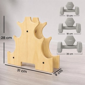 Conjunto de 3 Pares de Halteres Hexagonais, 31 x 9 x 28 cm, Suporte em Madeira, Cinzento-claro