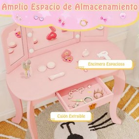 Conjunto de Toucador e banco para Crianças com Espelho Iluminado Dobrável Brilho Ajustável Rosa