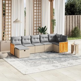 7 pcs conj. sofás jardim c/ almofadões vime PE bege misturado