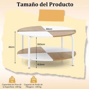 Mesa redonda de centro 80 cm de 2 níveis com prateleira e estrutura metálica Branco e Natural