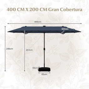 Guarda-sol jardim Duplo 4 x 2 m com Luzes Solares com base e Manivela Azul Marinho