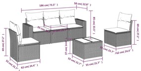 6 pcs conjunto sofás de jardim com almofadões vime cinzento