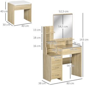 Toucador de Maquilhagem com Banco Espelho 4 Gavetas 4 Compartimentos de Armazenamento Estilo Moderno 80x38x143 cm Madeira