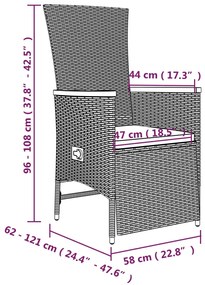 3 pcs conjunto de jantar p/ jardim c/ almofadões vime PE cinza