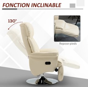 Poltrona de relaxamento reclinável e giratória com apoio para os pés ajustável, até 150 kg, para sala de estar, quarto, home cinema, cor creme