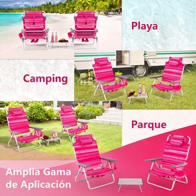 Conjunto de 3 peças: mesa e cadeiras de praia com cadeiras reclináveis, mesa dobrável em alumínio e mochila com 5 posições, com riscas cor-de-rosa