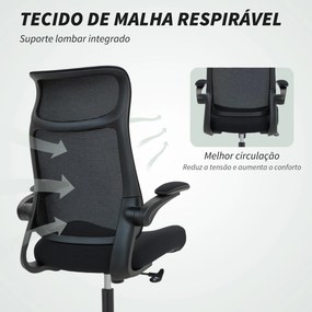 Cadeira de Escritório Ergonómica com Suporte Lombar e Apoios de Braços 3D Dobráveis Função de Basculante 64x65x108-118 cm Preto