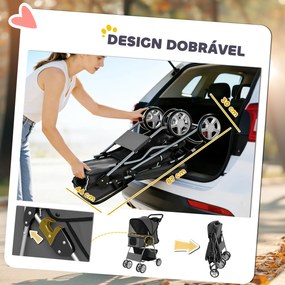 Carrinho Dobrável para Cães Pequenos com Cesta de Armazenamento, Suportes para Copos e Almofada Lavável 77x44x102 cm Cinzento Escuro