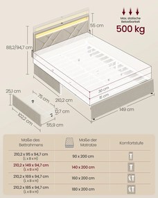 Estrutura de cama com iluminação LED 140 x 200 cm (COLCHÃO NÃO INCLUIDO) , gavetas e cabeceira bege cappuccino