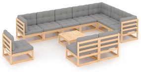 11 pcs conjunto lounge de jardim c/ almofadões pinho maciço