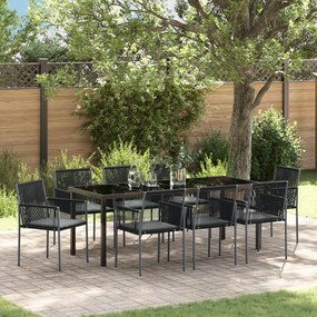 vidaXL Conjunto de Jantar de Jardim com 9 Peças e Almofadas em Rattan Sintético Preto