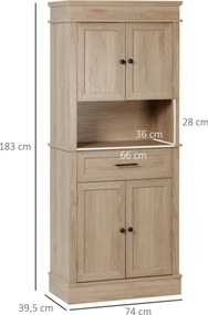 Armário de Cozinha com 4 Portas 1 Gaveta e Prateleira Aberta para Sala de Estar Sala de Jantar 74x39,5x183cm cor Carvalho