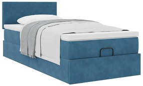 Estrutura cama otomana com colchão azul escuro 90x190cm veludo
