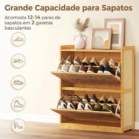 Sapateira com 2 Compartimentos Basculantes Sapateira Estilo Bohemio Estreita com Prateleiras Ajustáveis para 12-14 Pares de Sapatos 69x29x83 cm Madeir