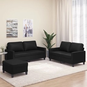 vidaXL 3 pcs conjunto de sofás com almofadões couro artificial preto