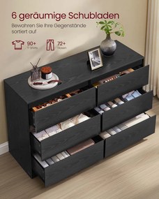 Cómoda Kailyn com seis gavetas para quarto 40 x 119,4 x 75 cm Preto