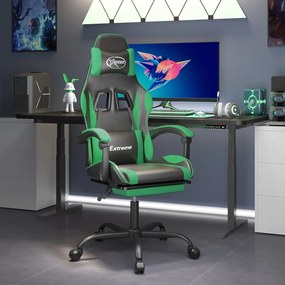 Cadeira gaming giratória c/ apoio pés couro artif. preto/verde