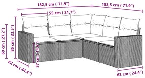5 pcs conj. sofás jardim c/ almofadões vime PE cinzento-claro