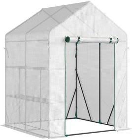 Outsunny Estufa de Jardim 143x143x195 cm Estufa de Aço com 2 Prateleiras e Porta Enrolável para Cultivos de Plantas Vasos de Flores Pátio Exterior Branco