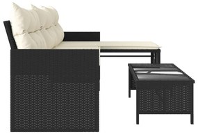Sofá de jardim em forma de L c/ mesa e almofadões vime PE preto