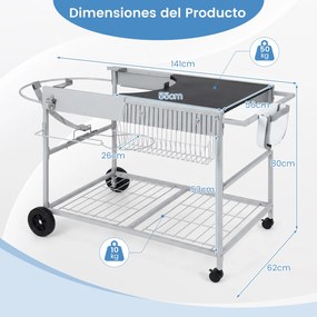 Carrinho de churrasco 141 x 62 x 80 cm para grelhadores de 18“ e 22” com bancada ampla, grelha metálica, cesto para rolos e caixote do lixo para jardi