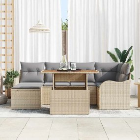 Conjunto de Sofá de Jardim vidaXL 7 Peças com Almofadas Bege Rattan Poliéster