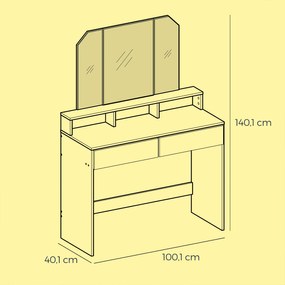 Toucador com espelho rebatível 40 x 100 x 140 cm e 2 gavetas e com 3 compartimentos abertos branco