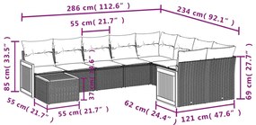 10 pcs conjunto de sofás p/ jardim com almofadões vime PE bege
