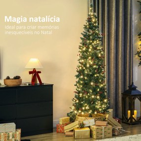 Árvore de Natal Slim 210 cm com Luzes LED 8 Modos de Iluminação 656 Ramos com Purpurina Prateada Pinhas e Bagas Verde