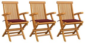 Cadeiras jardim c/ almofadões vermelho tinto 3 pcs teca maciça