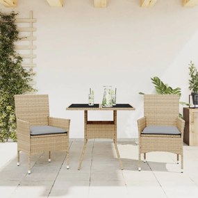 3 pcs conjunto jantar jardim com almofadões vime PE/vidro bege