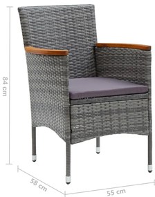 3 pcs conjunto de jantar p/ jardim c/ almofadões vime PE cinza