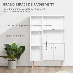 Estante escandinava, móvel de arrumação, 80 x 23,5 x 123 cm, 5 compartimentos abertos, armário com 2 portas, pés cónicos inclinados, madeira maciça, p