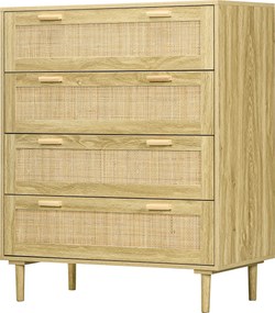 Cómoda com 4 gavetas 90 x 45 x 108,5, móvel de arrumação com frente em rattan trançado, estilo boémio acabamento em madeira clara