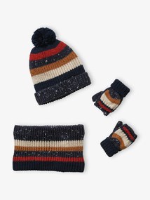 Conjunto às riscas, gorro + gola snood + luvas, para menino azul escuro bicolor/multicolor