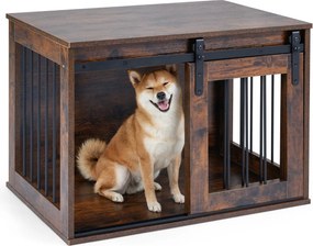 Gaiola para cães com porta de correr 80 x 54 x 57 cm, estilo celeiro, Estrutura metálica com acabamento em madeira, para cães de pequeno e médio porte