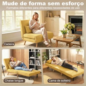Sofá-Cama Individual Dobrável com Encosto Ajustável em 5 Posições, Sofá-Cama Estofado com Almofada 72x75x85 cm Amarelo