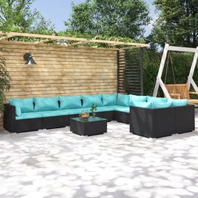 vidaXL 10 pcs conjunto lounge de jardim c/ almofadões vime PE preto